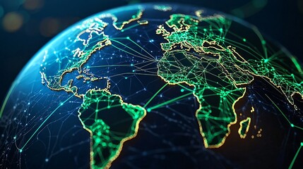 Fototapeta premium Bright glowing lines connecting green continents over minimalist Earth model, resilient networks, clean future mapping concept, satellite interface look