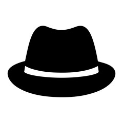 A simple black and white icon illustration of a stylish fedora hat