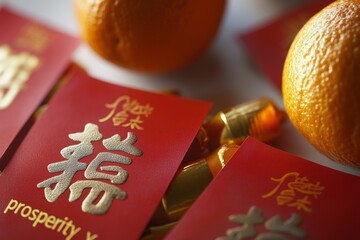 A white-painted wooden table showcases the symbols of Chinese New Year, including a Mandarin orange, a gold sycee indicating wealth, and a red packet denoting the spring season.