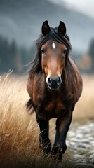 Obraz premium Majestic brown horse walking through golden grass in a serene landscape during early morning hours