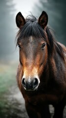 Fototapeta premium Majestic horse stands still in the misty forest during early morning light, showcasing its stunning features and calm demeanor