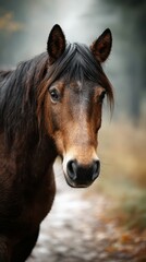 Obraz premium Horse stands majestically in a foggy forest path during a serene autumn morning