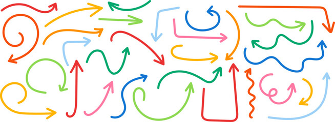 Vibrant collection of hand-drawn arrows in multiple colors. Great for infographics, UI, highlights, or creative layouts. Vector EPS 10