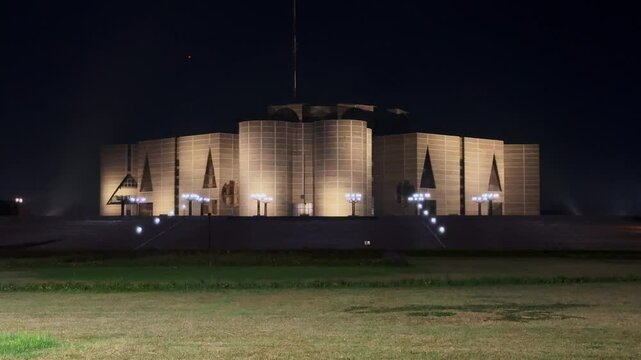 4K night view of the Jatiya Sangsad Bhaban, the National Parliament Building of Bangladesh, illuminated in Sher-e-Bangla Nagar, Dhaka