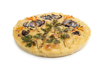 Delicious focaccia with flowers made of vegetables isolated on white