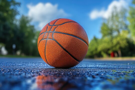 Basketball resting on a wet surface under a blue sky during a sunny day in the park - Powered by Adobe