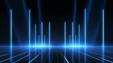 Abstract blue digital design featuring glowing lines and a spectrum of colorful light waves