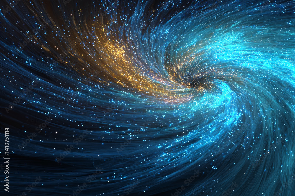 Poster blue and gold glowing lines swirl into a vortex, creating a cosmic, energetic effect symbolizing mov