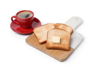 Tasty toast bread with butter and coffee isolated on white