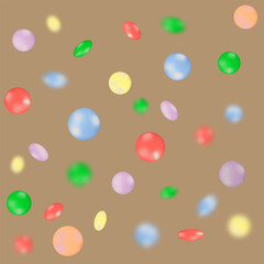 Vector Colorful chocolate candies, multicolored glazed chocolate falling isolated on brown background. Falling candied fruit,selective focus.