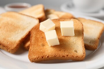 Slices of tasty toasted bread with butter on plate, closeup