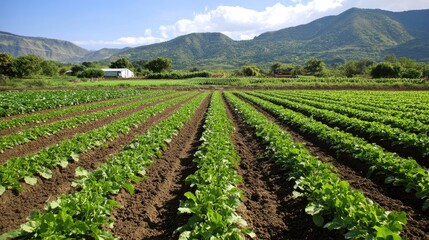Serene Rows of Crops in a Lush Mountain Valley Farmland Scenery