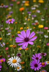 Obraz premium Vibrant purple flower blooms amidst a field of wildflowers, violet, idyllic