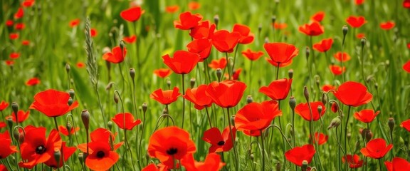 Obraz premium Vibrant red poppies scattered across a sun-drenched summer meadow, bloom, field