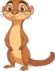 Charming cartoon meerkat with a warm smile, expressive eyes, and a cute pose, set against a black backdrop, radiating friendliness.