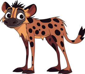 A stylized illustration of a spotted hyena standing with a neutral expression against a solid black background. Hyena is light orange.