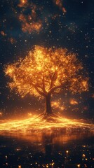 Majestic glowing tree stands in an enchanting cosmic landscape with twinkling stars at night
