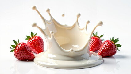 milk or yogurt splash with strawberries isolated on white background, 3d rendering.