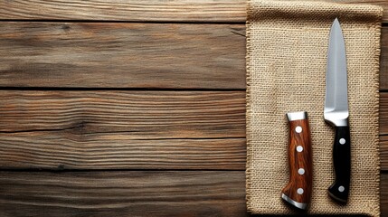 During the annual agriculture contest, a burlap sack of winning potatoes spills out next to a chef's knife on a rustic wooden table.