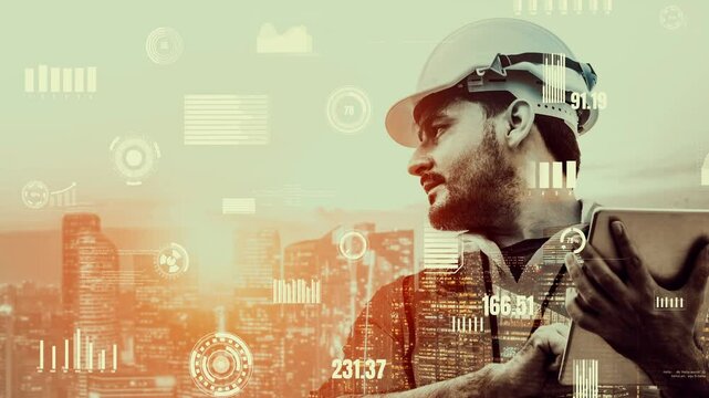 Future building construction and inventive engineering project concept with HUD hologram graphic design. Building engineer, architect people or construction worker works with modern civil technology.