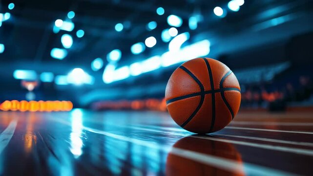 A basketball rolling on the court, blurred background of an indoor stadium, orange and blue lighting effects,.