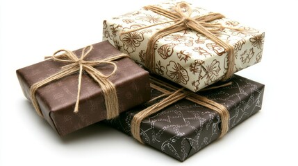 A lovely stack of three beautifully presented brown gift boxes adorned with twine, great for celebrations and special occasions.