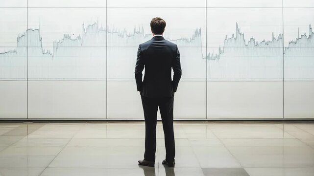 Full body shot of a business man wearing a suit pictured from behind, as he stares at a white wall, with a huge single financial graph on it.