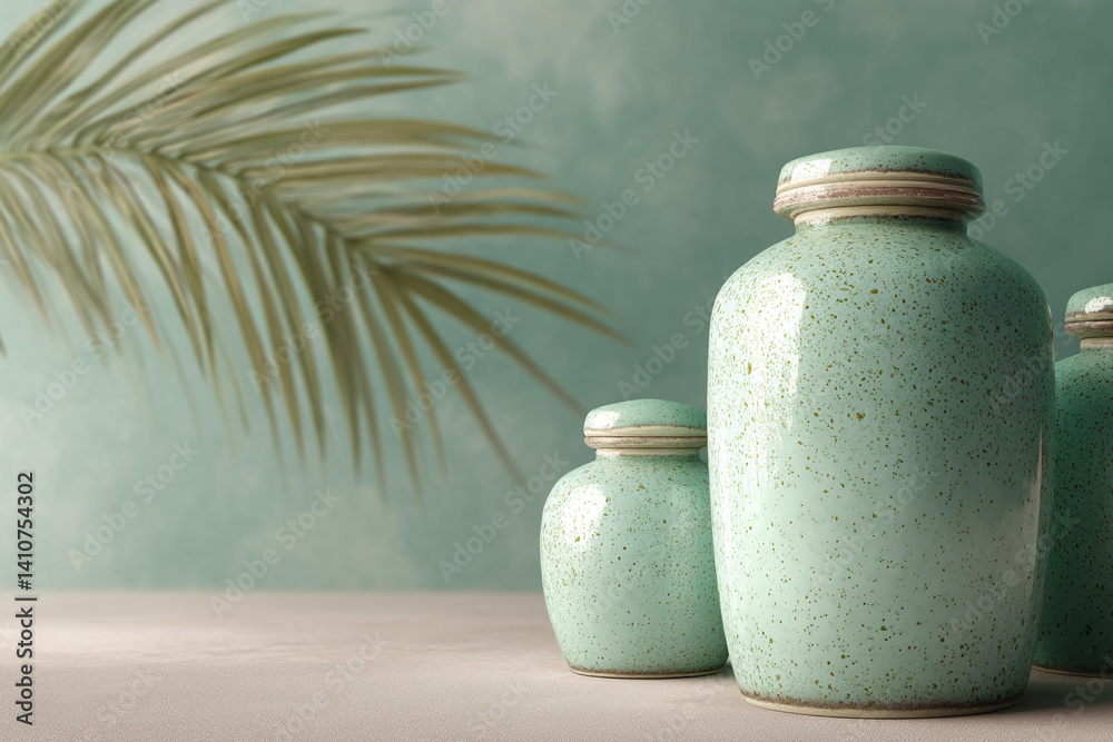 Aufkleber three pale-green speckled ceramic jars on a beige surface, with a palm leaf in the background, creat