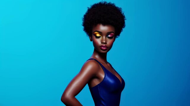 A beauty portrait featuring a model with dramatic eyeshadow in bold neon gradients, glossy lips, and artistic, colorful eyeliner designs.
