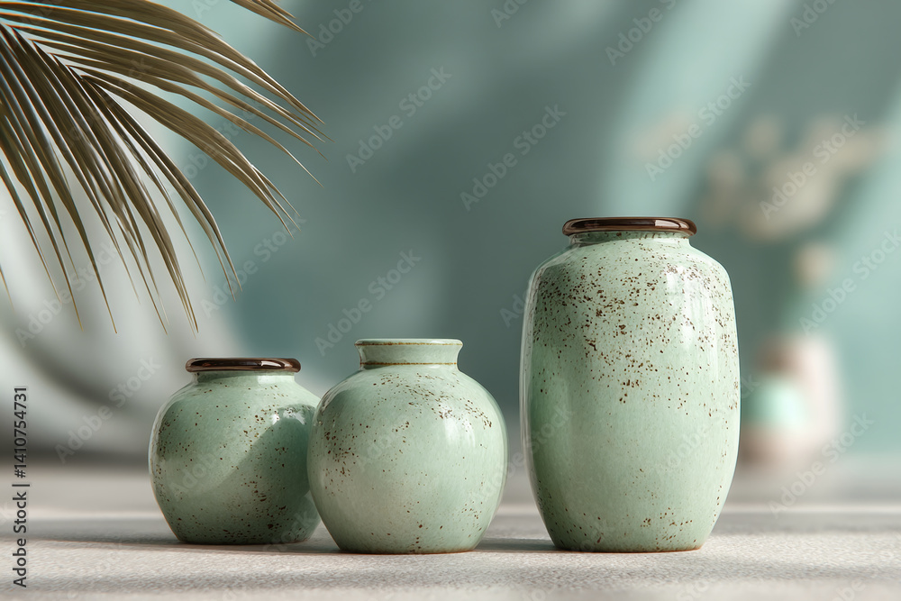 Poster three pale green ceramic vases of varying sizes on a light surface, a palm frond in the background, 
