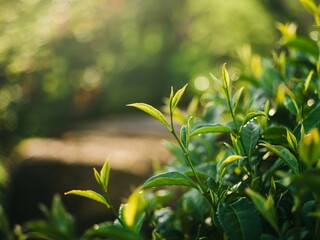 Obraz premium Fresh Green Tea Leaves in Sunlight with Dew Drops
