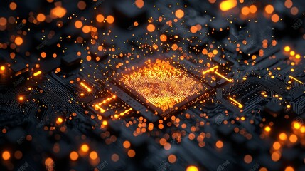 Glowing microchip with bright orange particles. Complex circuit board. Close-up