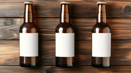 Stylish craft beer bottles sit gracefully on a rustic wooden surface, leaving plenty of area for branding or creative ideas.