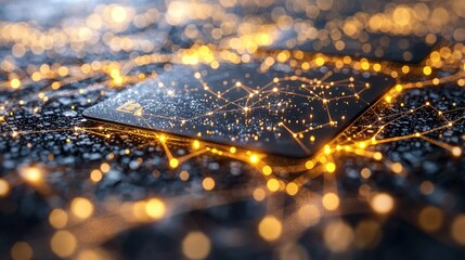 Glowing networks converge on a central square over a blurred background