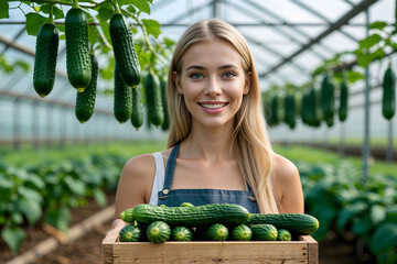 A beautiful blonde young woman with a crop of cucumbers in a greenhouse.