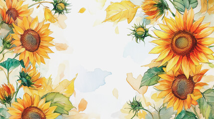 watercolor botanical Sunflower flowers texture template background.Elegant wedding invitation card background . Minimal hand painted Design for wedding or Valentine's Day