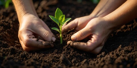 Fototapeta premium Hands Gently Planting a Young Sprout in Rich Soil