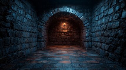 Obraz premium Dark stone archway in a mysterious dungeon. A single light source casts an eerie glow on the rough stone walls