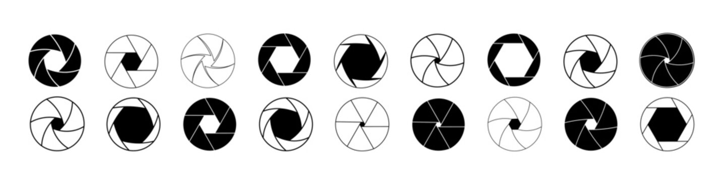 Black camera shutter aperture icons. Camera lens focus. Elements of different aperture closing shapes. Vector illustration.