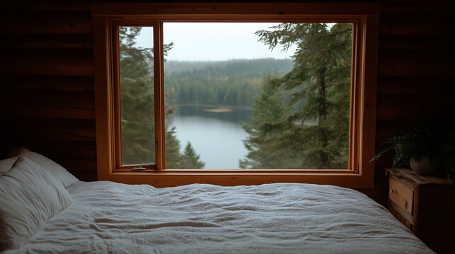 Fototapeta Rustic Cabin Retreat: Cozy bedroom with a scenic lake view from the window, offering a peaceful and relaxing escape in a natural setting.