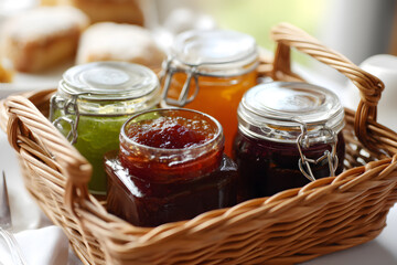 Assorted homemade jams presented in a charming basket at a cozy breakfast setting
