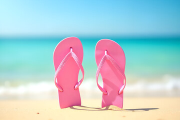 Pair of pink flip flops standing upright on golden sand, foreground, calm turquoise ocean and clear blue sky in background, bright daylight, sharp shadows, symbol