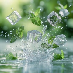 A moment of ice cubes and green mint leaves falling into water, raising water splashes. Generative AI