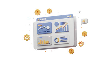 A stylized dashboard with charts and graphs surrounded by coins and gears on a black background