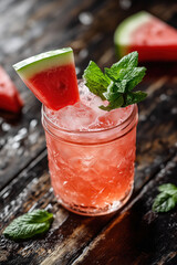 Refreshing summer cocktail garnished with watermelon slice and fresh mint leaves