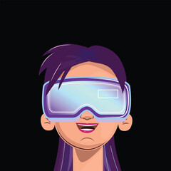 Close up of excited woman in purple-blue VR headset, vibrant hair against dark background