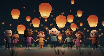 People Watching Lanterns at Night Together Celebrating