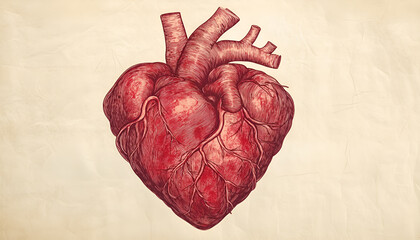 Drawn red heart shape sketch drawn on paper background for Valentine day