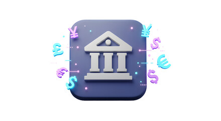 A stylized bank icon surrounded by various currency symbols on a black background with neon accents