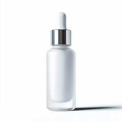 Frosted white glass bottle with dropper and silver cap on a white background. Generative AI